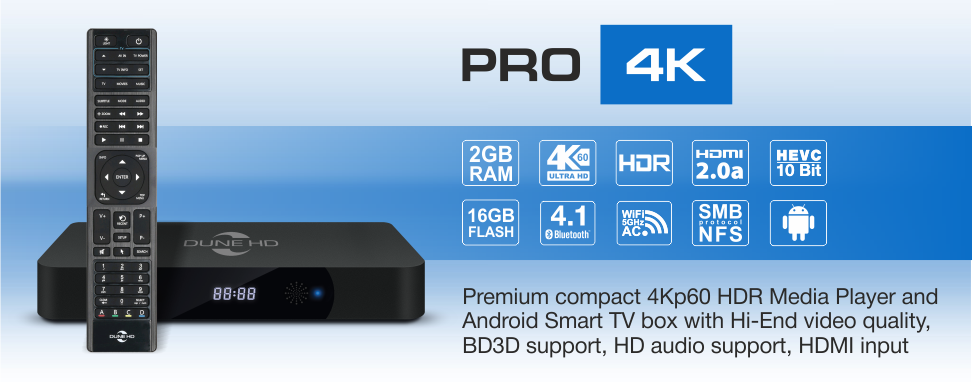 Dune HD Pro 4K được trang bị các chuẩn video mới nhất, tích hợp thêm điều khiển từ xa