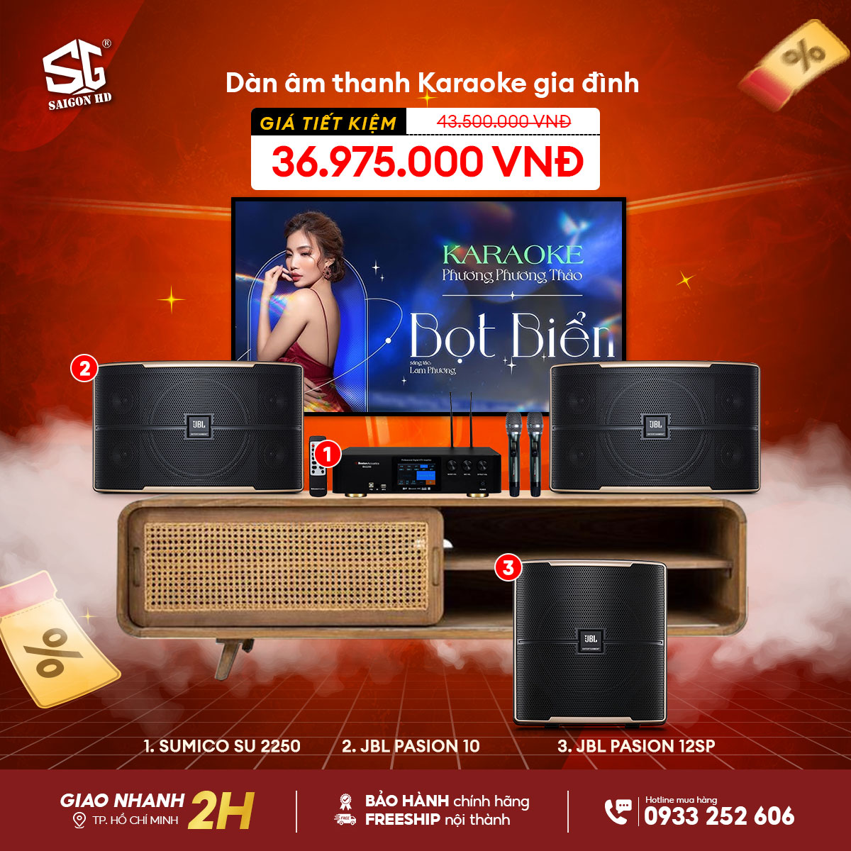 Dàn Karaoke Amply JBL PASION 10 - Amply Sumico SU 2250 - Subwoofer Karaoke JBL PASION 12SP