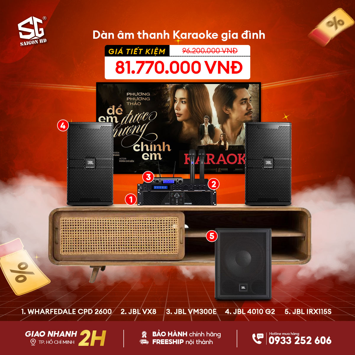 Dàn Karaoke Amply Wharfedale CPD 2600 - Loa JBL VX8 - Loa JBL 4010 G2 - Subwoofer JBL IRX115S - Micro JBL VM300E