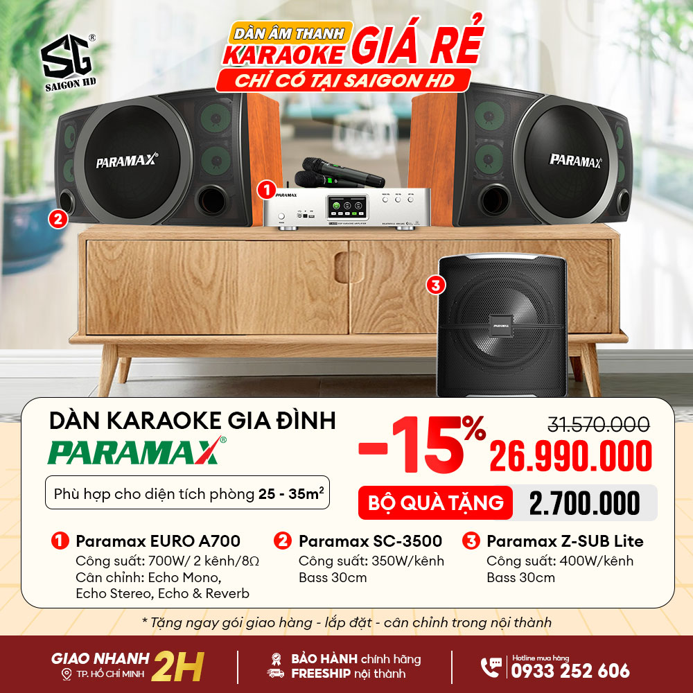 Combo trải nghiệm 02: Dàn Karaoke gia đình với Amply Karaoke Paramax EURO A700 + Loa treo Paramax SC-3500 + Loa Paramax Z-SUB Lite