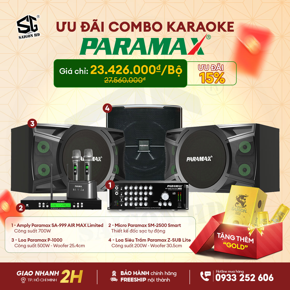 Khuyến mãi Dàn karaoke Paramax 1: Amply Paramax SA-999 AIR MAX Limited - Loa Paramax P-1000 - Loa siêu trầm Paramax Z-SUB Lite - Micro Paramax SM-2500 Smart 