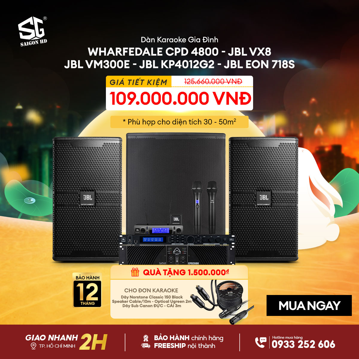 Amply công suất Wharfedale CPD 4800 - Vang số JBL VX8 - Loa Karaoke JBL KP4012G2 - Subwoofer Karaoke JBL EON 718S - Micro JBL VM300E