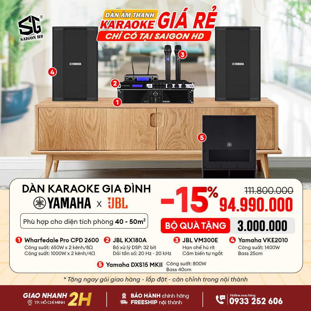 Dàn Karaoke Amply công suất Wharfedale CPD 2600 + Mixer JBL KX180A + Loa Yamaha VKE 2010 + Loa Yamaha DXS15 MKII + Micro không dây JBL VM300E