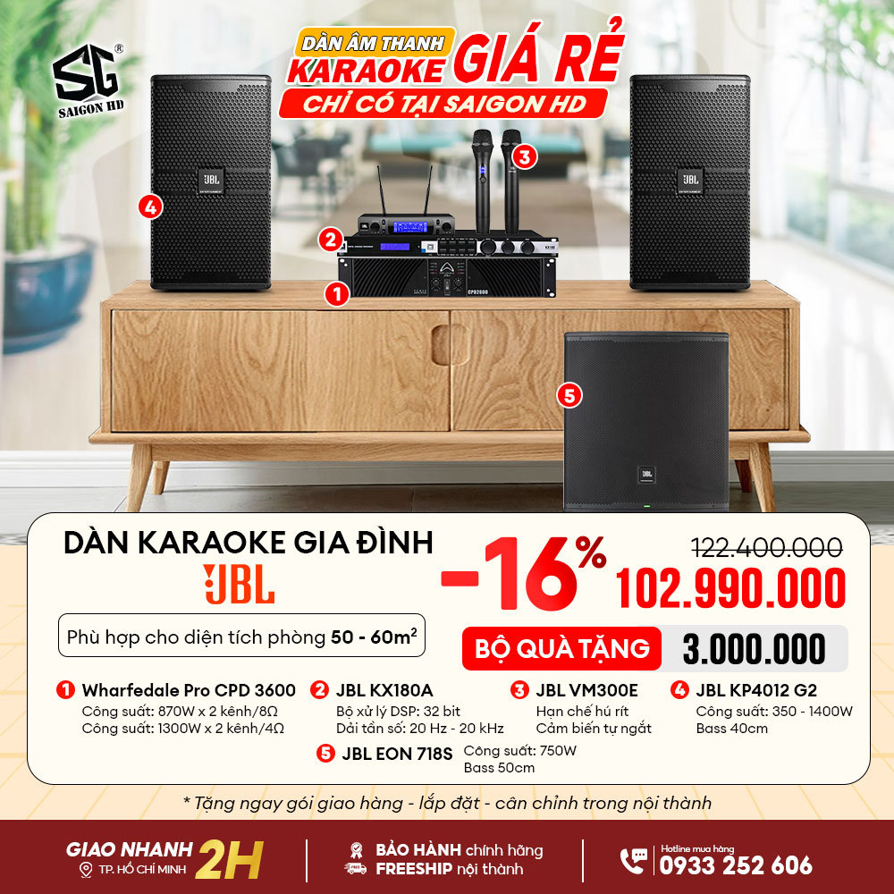 Dàn Karaoke Amply công suất Wharfedale CPD 3600 + Mixer JBL KX180A+ Loa JBL KP4012G2 + Loa Sub JBL EON 718S + Micro không dây JBL VM300E