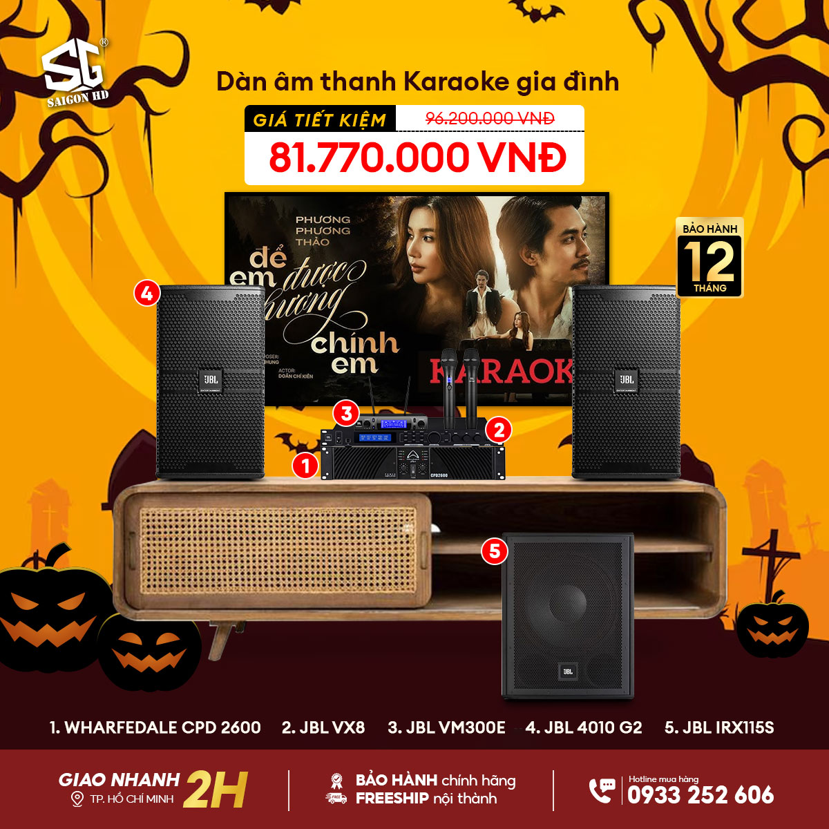 Amply công suất Wharfedale CPD 2600 - Vang số JBL VX8 - Loa Karaoke JBL 4010 G2 - Subwoofer Karaoke JBL IRX115S - Micro không dây JBL VM300E