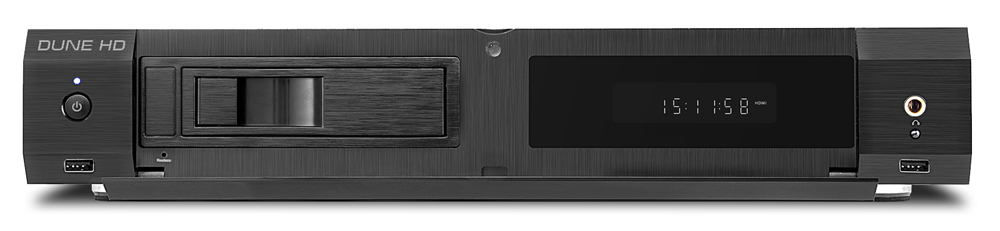 Mặt trước đầu phát Dune HD Ultra 4K là vị trí đặt màn hình, khay ổ cứng SATA 3.5