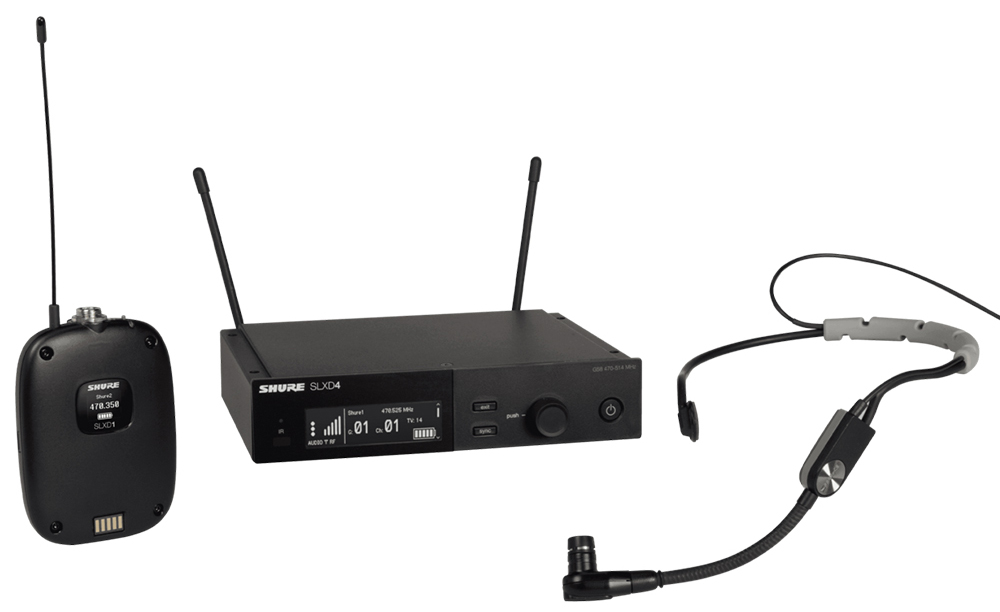 Micro không dây SLXD14/SM35 gồm đầu thu SLXD4, máy phát SLXD1 và micro cài tai SM35