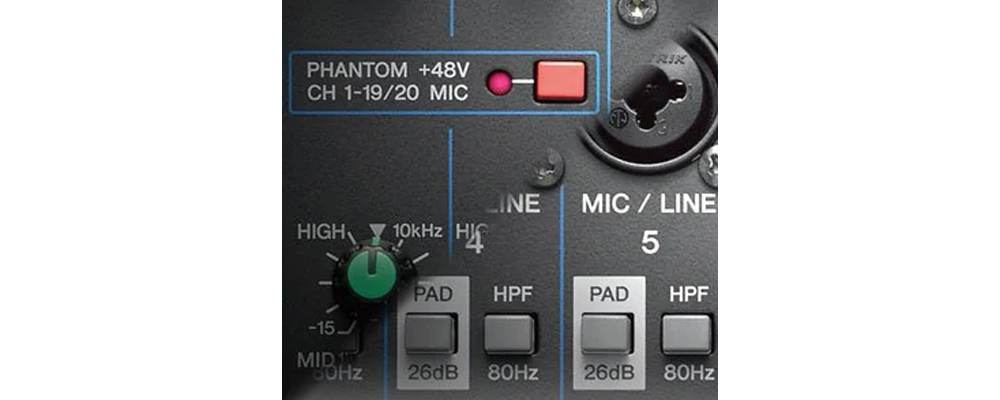 Yamaha MG10XUF sử dụng nguồn Phantom và PAD Switch cho chất lượng âm thanh đầu ra cao