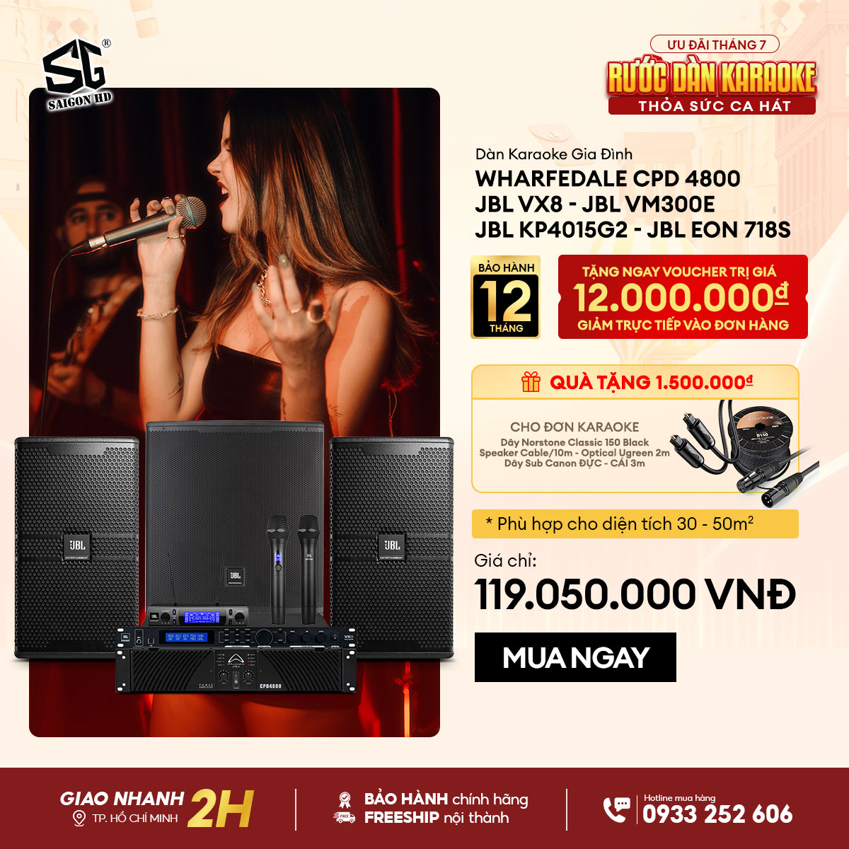 Dàn karaoke amply Wharfedale CPD 4800 + mixer JBL VX8 + loa JBL KP4015G2 + subwoofer JBL Eon 718S + micro JBL VM300E