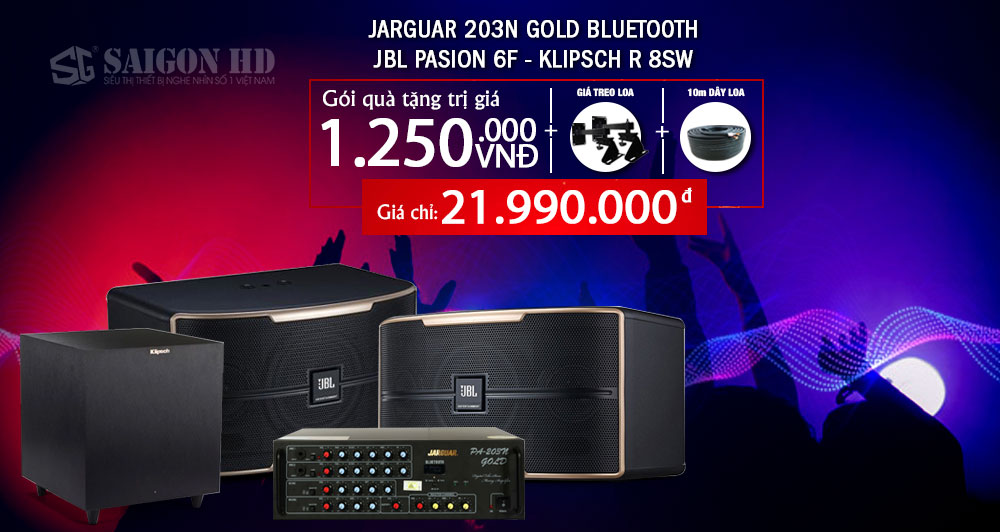 Combo Loa Karaoke JBL Pasion 6F - Amply Jarguar 203N Gold Bluetooth - Loa Sub Klipsch R 8 SW